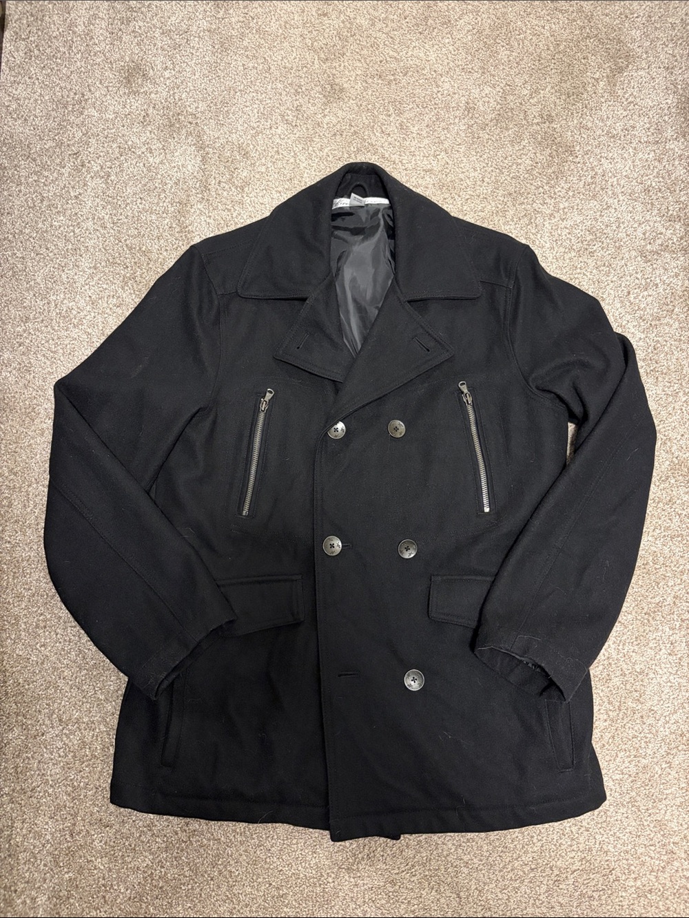 Kenneth Cole Black Double-Breasted Peacoat with Zipper Chest Pockets